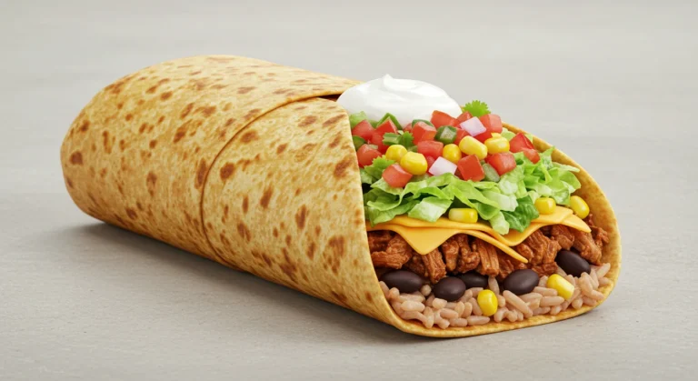 A freshly wrapped Chipotle Burrito with rice, beans, meat, salsa, and guacamole, served on a plate.