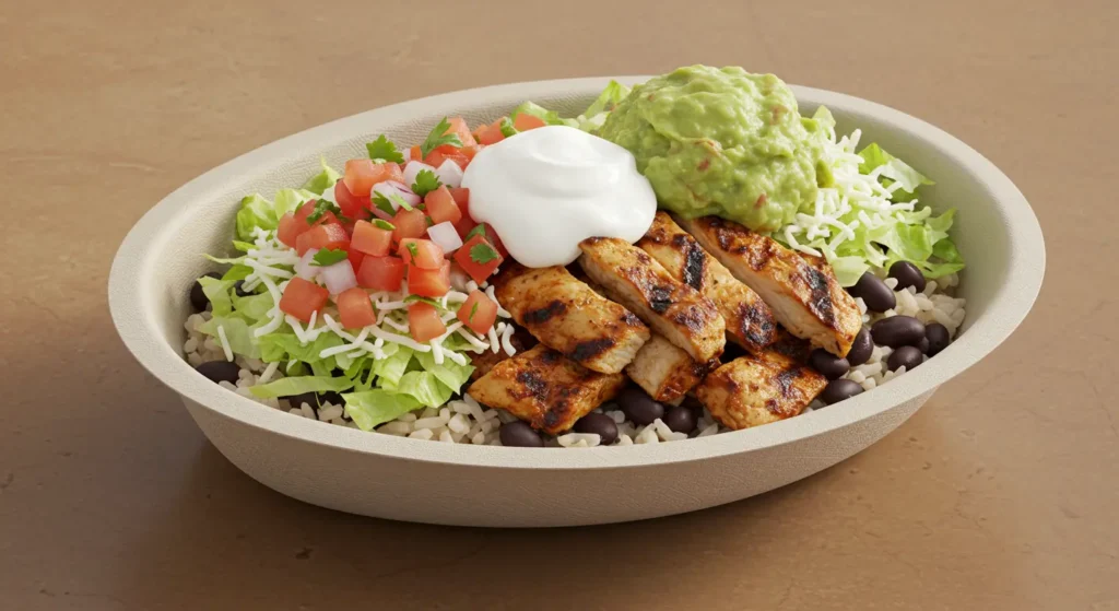 A Chipotle burrito bowl with rice, beans, protein, veggies, and toppings from the Chipotle menu.
