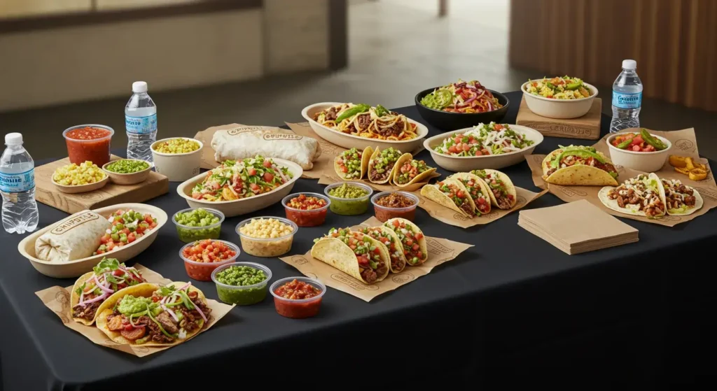 Chipotle Catering Menu featuring burrito boxes, taco spreads, and fresh sides for group orders.
